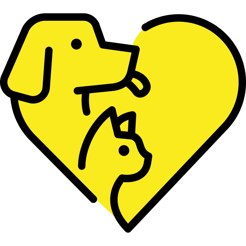 Gelbes Herz mit Hund und Katze